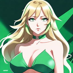 Generate a full body anime-style image of an attractive blonde woman with emerald green eyes and a large bust