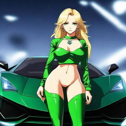 Generate a full body anime-style image of an attractive blonde woman with emerald green eyes and a large bust, standing in front of a black Lamborghini