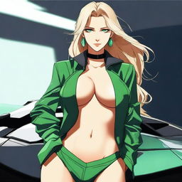 Generate a full body anime-style image of an attractive blonde woman with emerald green eyes and a large bust, standing in front of a black Lamborghini