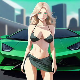 Generate a full body anime-style image of an attractive blonde woman with emerald green eyes and a large bust, standing in front of a black Lamborghini