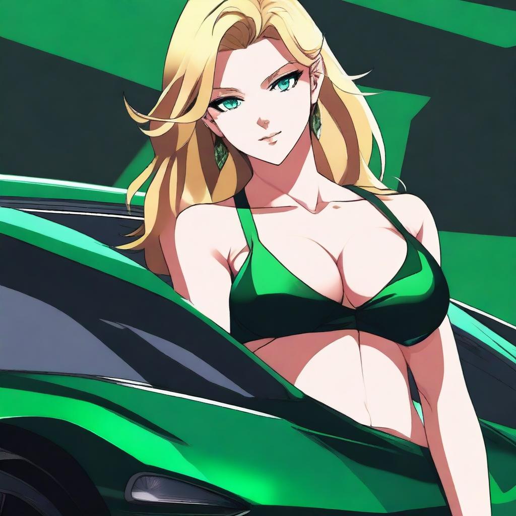 Generate a full body anime-style image of an attractive blonde woman with emerald green eyes and a large bust, standing in front of a black Lamborghini