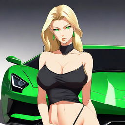 Generate a full body anime-style image of an attractive blonde woman with emerald green eyes and a large bust standing in front of a black Lamborghini