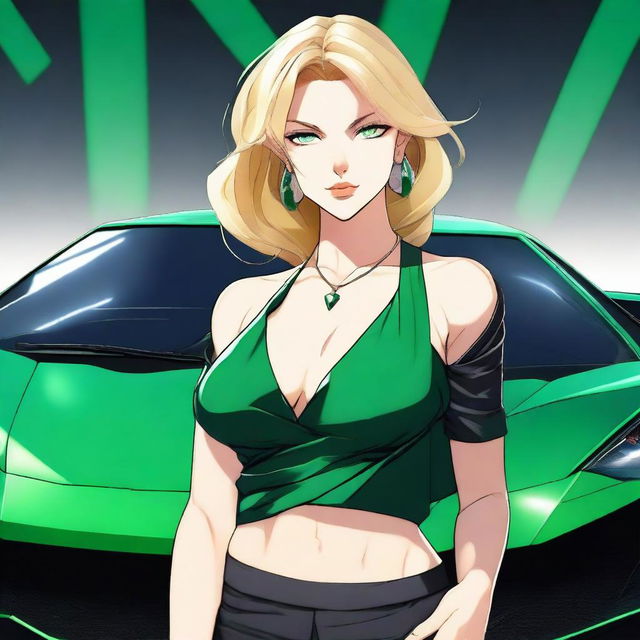 Generate a full body anime-style image of an attractive blonde woman with emerald green eyes and a large bust standing in front of a black Lamborghini