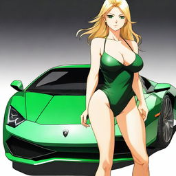 Generate a full body anime-style image of an attractive blonde woman with emerald green eyes and a large bust standing in front of a black Lamborghini