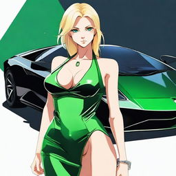 Generate a full body anime-style image of an attractive blonde woman with emerald green eyes and a large bust standing in front of a black Lamborghini