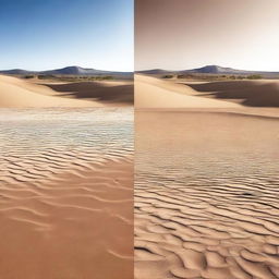 Create a transition image that starts with a barren desert on the left, gradually transforming into a vibrant, life-filled water body on the right