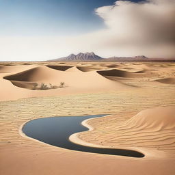 Create a transition image that starts with a barren desert on the left, gradually transforming into a vibrant, life-filled water body on the right