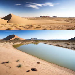 Create a transition image that starts with a barren desert on the left, gradually transforming into a vibrant, life-filled water body on the right