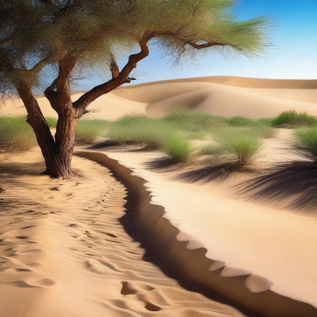 Create an image of a path that starts in a dry, sandy desert and ends in a lush, vibrant body of water