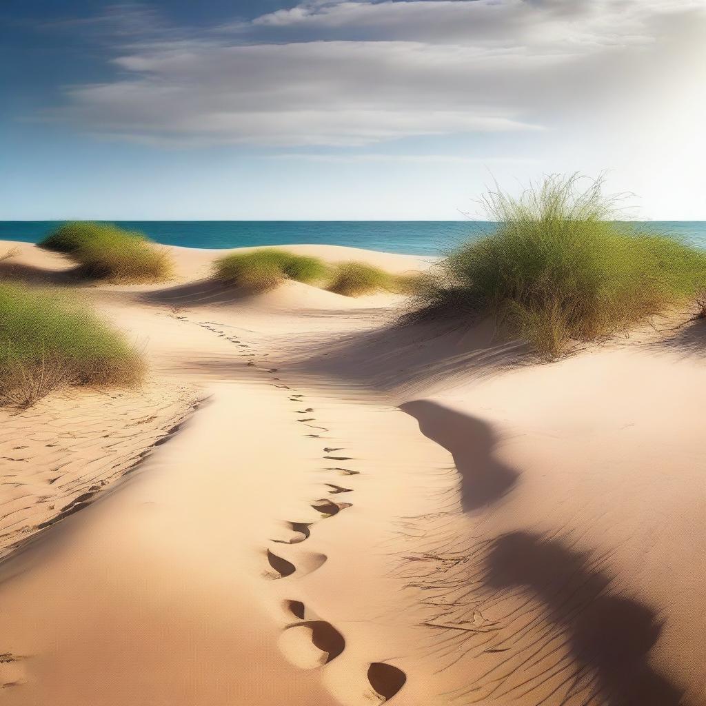 Create an image of a path that starts in a dry, sandy desert and ends in a lush, vibrant body of water