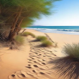 Create an image of a path that starts in a dry, sandy desert and ends in a lush, vibrant body of water