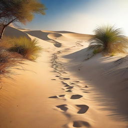 Create an image of a path that starts in a dry, sandy desert and ends in a lush, vibrant body of water