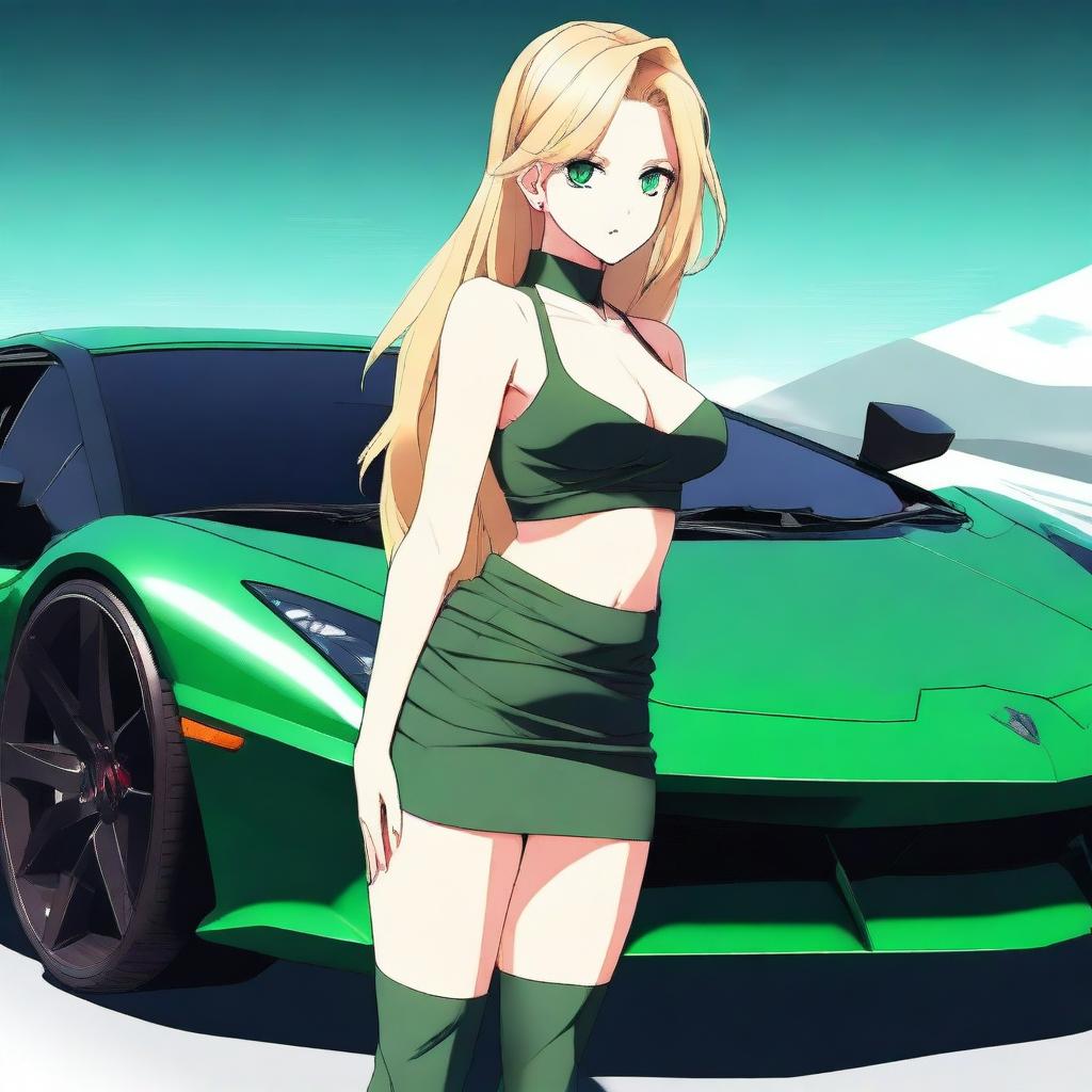 Generate a full body anime-style image of an attractive woman with long blonde hair, emerald green eyes, and a large bust, wearing a crop top and skirt, standing in front of a black Lamborghini