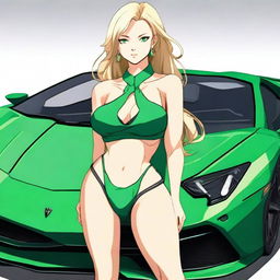 Generate a full body anime-style image of an attractive woman with long blonde hair, emerald green eyes, and a large bust, wearing a crop top and skirt, standing in front of a black Lamborghini