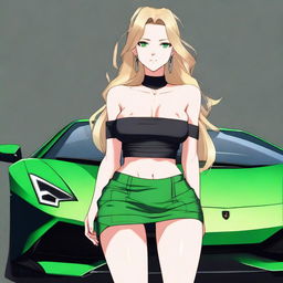 Generate a full body anime-style image of an attractive woman with long blonde hair, emerald green eyes, and a large bust, wearing a crop top and skirt, standing in front of a black Lamborghini