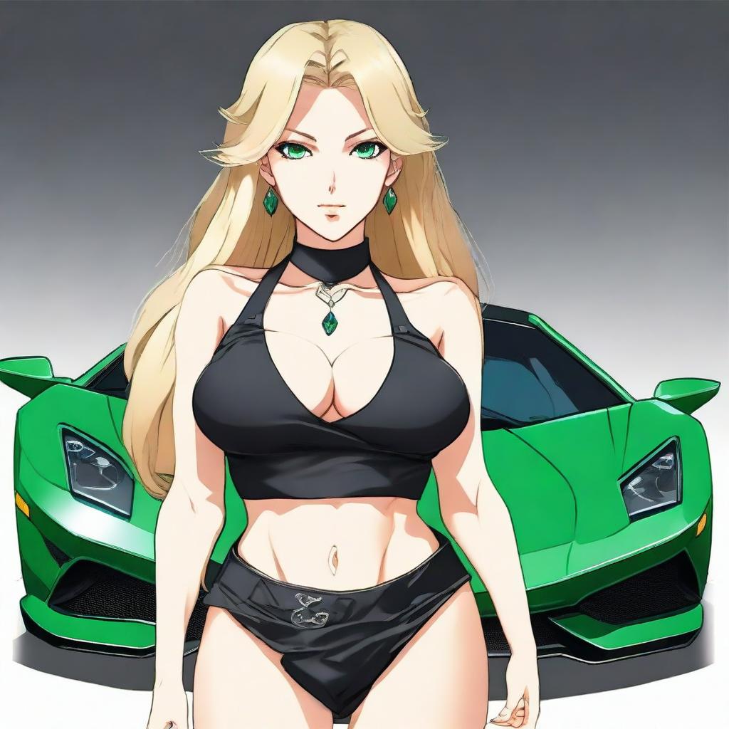 Generate an anime-style image of an attractive woman with long blonde hair and emerald green eyes, with a large bust, standing in front of a black Lamborghini