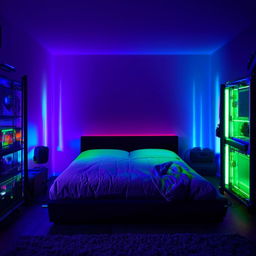 A bedroom with a gaming aesthetic, featuring a bed under the glow of vibrant RGB lighting.