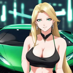 Generate an anime-style image of an attractive woman with long blonde hair and emerald green eyes, with a large bust, standing in front of a black Lamborghini