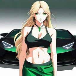 Generate an anime-style image of an attractive woman with long blonde hair and emerald green eyes, with a large bust, standing in front of a black Lamborghini