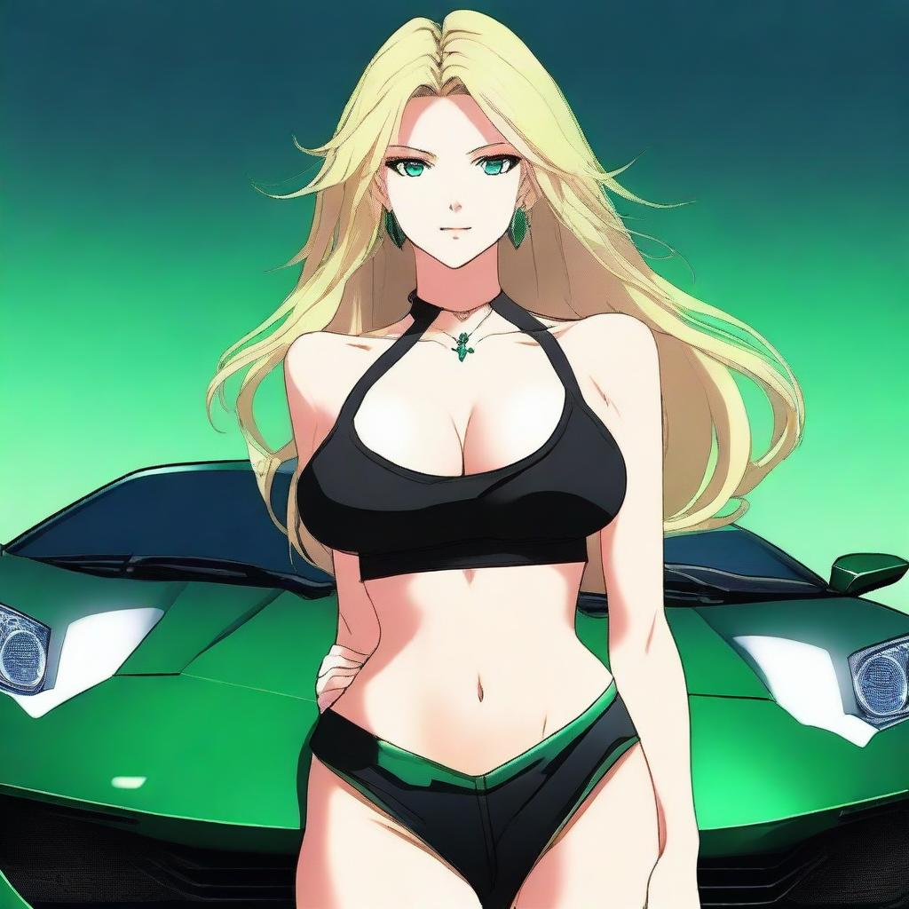 Generate an anime-style image of an attractive woman with long blonde hair and emerald green eyes, with a large bust, standing in front of a black Lamborghini