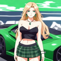 Generate an anime-style image of an attractive woman with long blonde hair and emerald green eyes, with a large bust, standing in front of a black Lamborghini