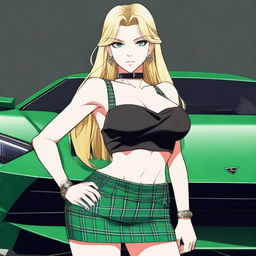 Generate an anime-style image of an attractive woman with long blonde hair and emerald green eyes, with a large bust, standing in front of a black Lamborghini