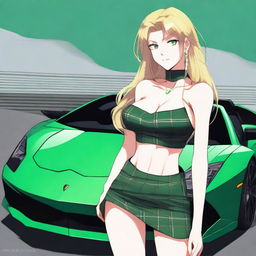 Generate an anime-style image of an attractive woman with long blonde hair and emerald green eyes, with a large bust, standing in front of a black Lamborghini