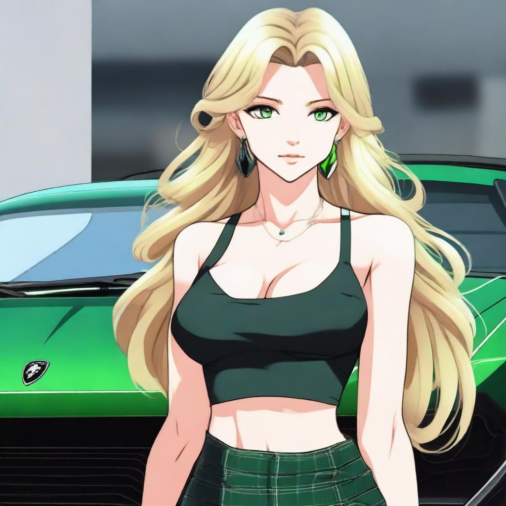 Generate an anime-style image of an attractive woman with long blonde hair and emerald green eyes, with a large bust, standing in front of a black Lamborghini