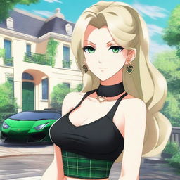 Generate an anime-style image of an attractive woman with long blonde hair and emerald green eyes, with a large bust, standing in front of a black Lamborghini, with a mansion in the background