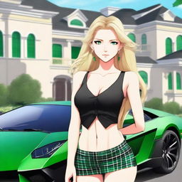 Generate an anime-style image of an attractive woman with long blonde hair and emerald green eyes, with a large bust, standing in front of a black Lamborghini, with a mansion in the background