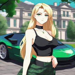 Generate an anime-style image of an attractive woman with long blonde hair and emerald green eyes, with a large bust, standing in front of a black Lamborghini, with a mansion in the background