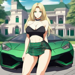 Generate an anime-style image of an attractive woman with long blonde hair and emerald green eyes, with a large bust, standing in front of a black Lamborghini, with a mansion in the background