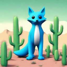 Generate an image of a blue fox standing next to an alive cactus. The cactus has feet, arms, and eyes.