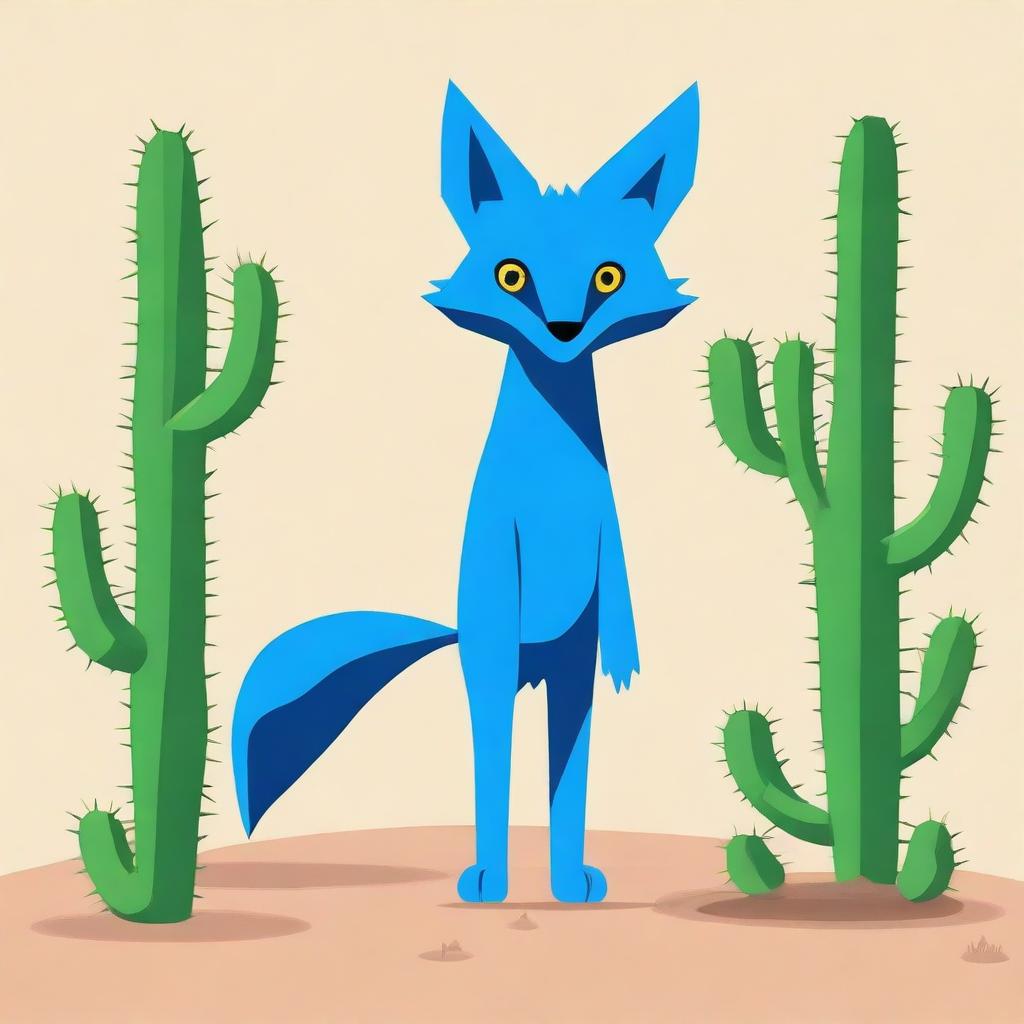 Generate an image of a blue fox standing next to an alive cactus. The cactus has feet, arms, and eyes.