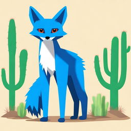 Generate an image of a blue fox standing next to an alive cactus. The cactus has feet, arms, and eyes.