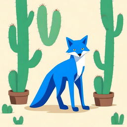 Generate an image of a blue fox standing next to an alive cactus. The cactus has feet, arms, and eyes.