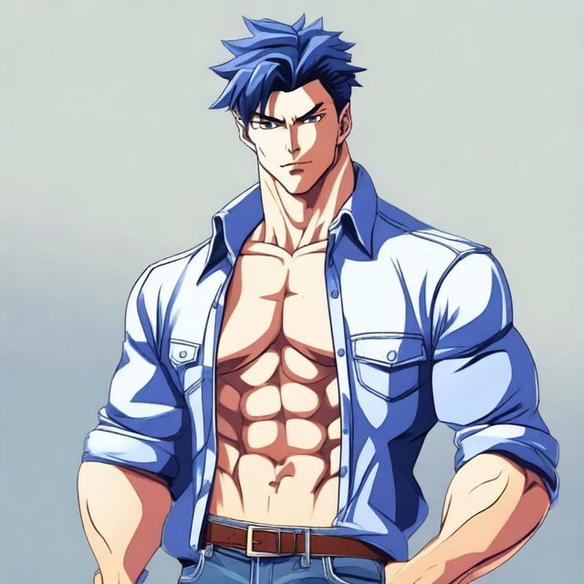 Generate an anime-style image of an attractive man with a muscular six-pack, dressed in blue jeans