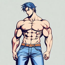 Generate an anime-style image of an attractive man with a muscular six-pack, dressed in blue jeans