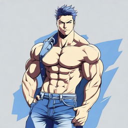 Generate an anime-style image of an attractive man with a muscular six-pack, dressed in blue jeans