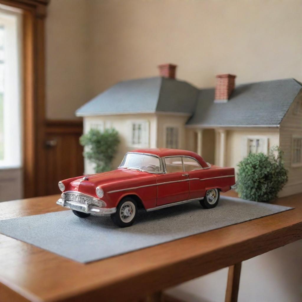 A detailed scale model of a classic car, intricately positioned in a cozy room adjacent to a quaint house.