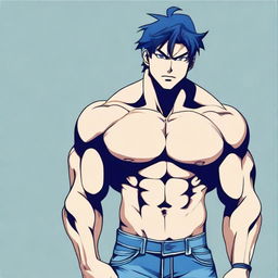 Generate an anime-style image of an attractive man with a muscular six-pack, dressed in blue jeans