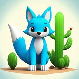 Generate an image of a blue fox standing next to a lively and animated cactus