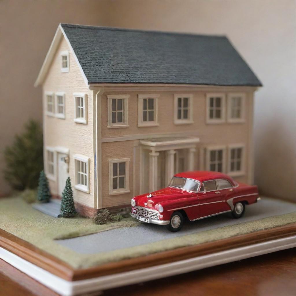 A detailed scale model of a classic car, intricately positioned in a cozy room adjacent to a quaint house.