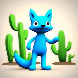 Generate an image of a blue fox standing next to a lively and animated cactus