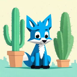 Generate an image of a blue fox standing next to a lively and animated cactus