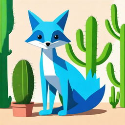 Generate an image of a blue fox standing next to a lively and animated cactus