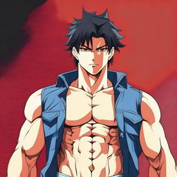 Generate an anime-style image of an attractive man with black hair and red eyes, featuring a muscular six-pack