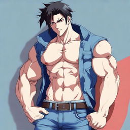 Generate an anime-style image of an attractive man with black hair and red eyes, featuring a muscular six-pack