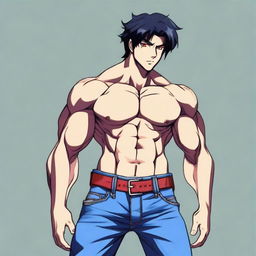 Generate an anime-style image of an attractive man with black hair and red eyes, featuring a muscular six-pack