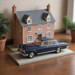 A detailed scale model of a classic car, intricately positioned in a cozy room adjacent to a quaint house.